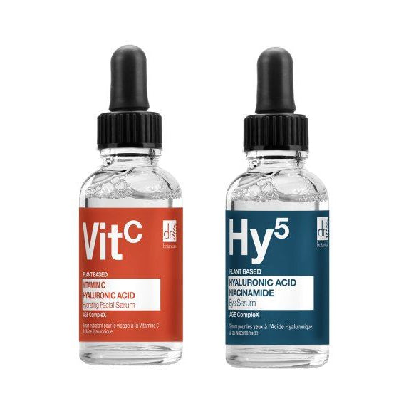 Two skincare serum bottles labeled 'Vit C' and 'Hy5' on a white background