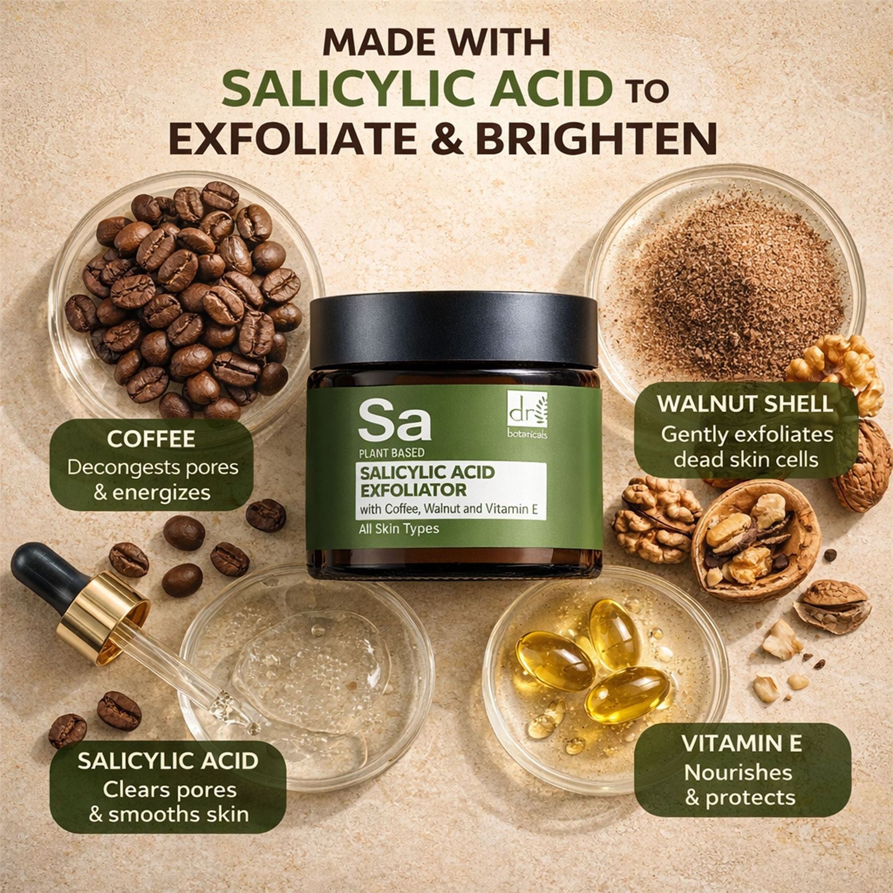 Exfoliant à l'acide salicylique avec café, noix et vitamine E 60 ml