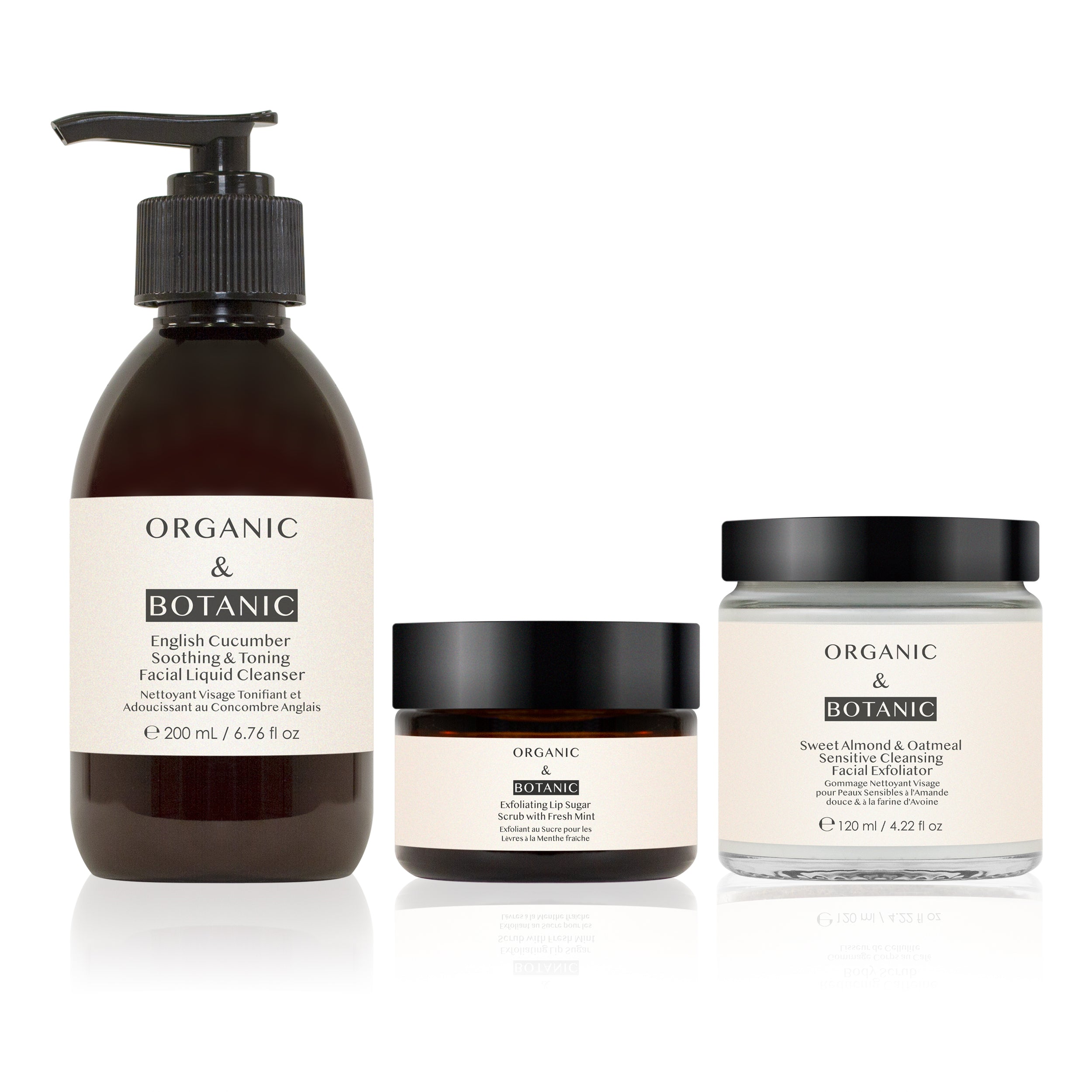 K3 Cleansing and Exfoliating kit - Mint lip scrub. Sweet Almond gentle Facial Exfolaitor + Toning liquid Cleanser