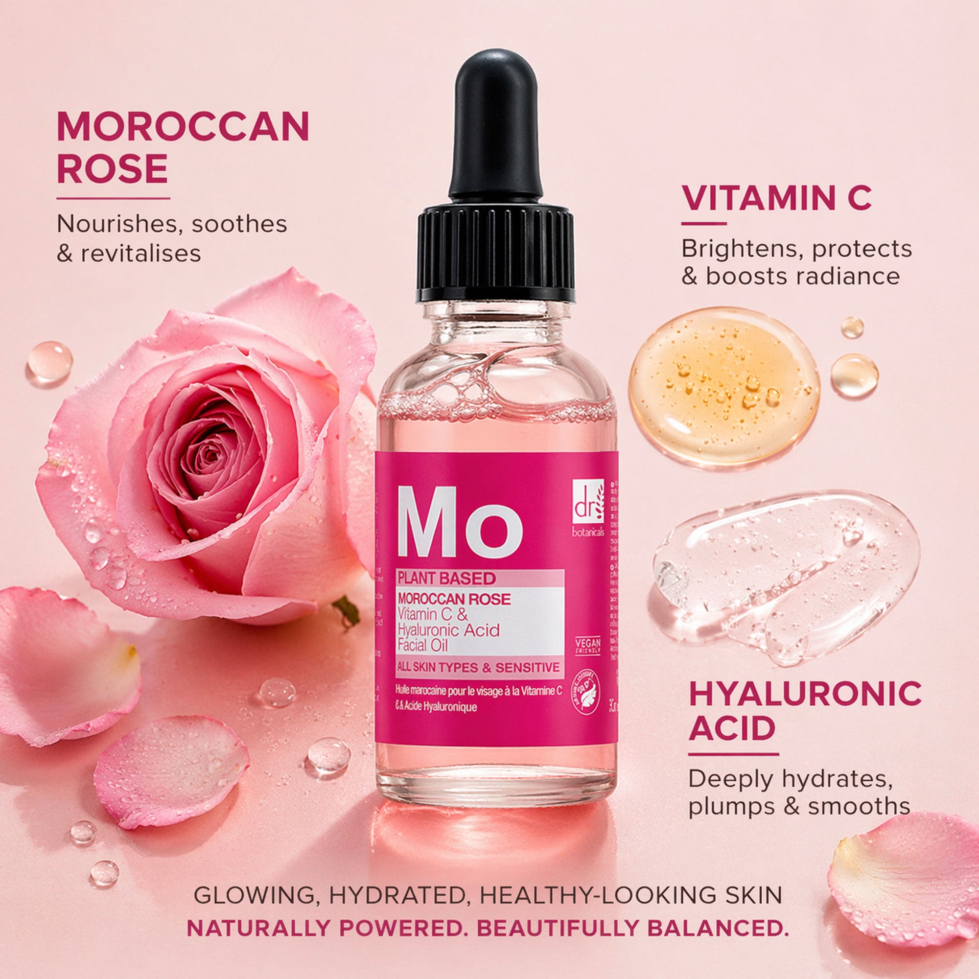 Huile pour le visage à la rose marocaine avec acide hyaluronique et vitamine C