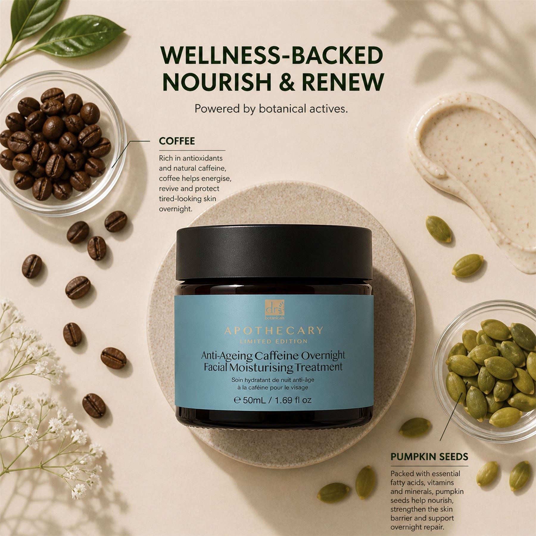 Soin hydratant de nuit anti-âge à la caféine pour le visage 50 ml