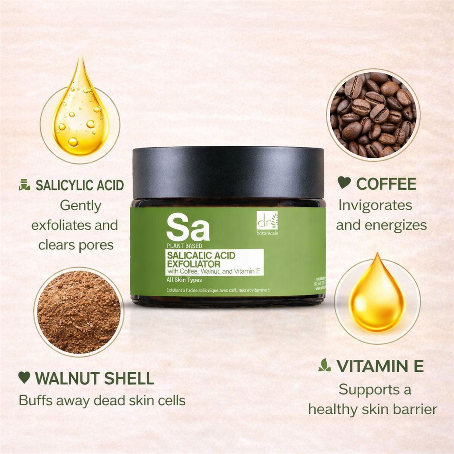 Exfoliant à l'acide salicylique avec café, noix et vitamine E 60 ml