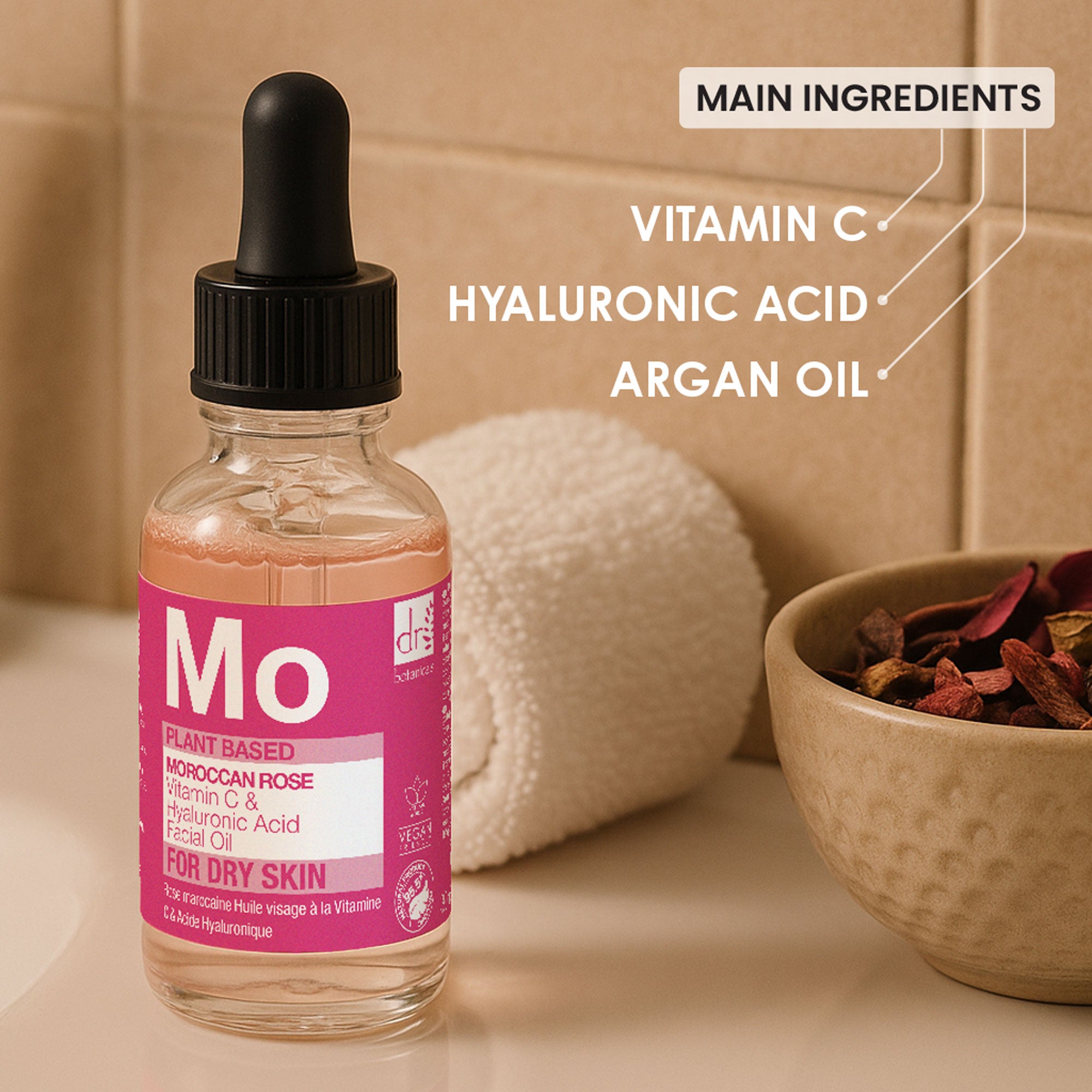 Huile pour le visage à la rose marocaine avec acide hyaluronique et vitamine C