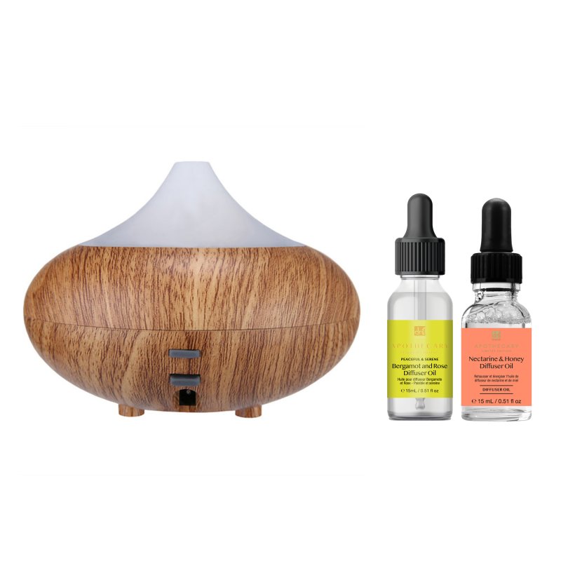 Wooden Aroma Diffuser + Oils Kit: Bergamot & Rose, Nectarine & Honey - Dr Botanicals